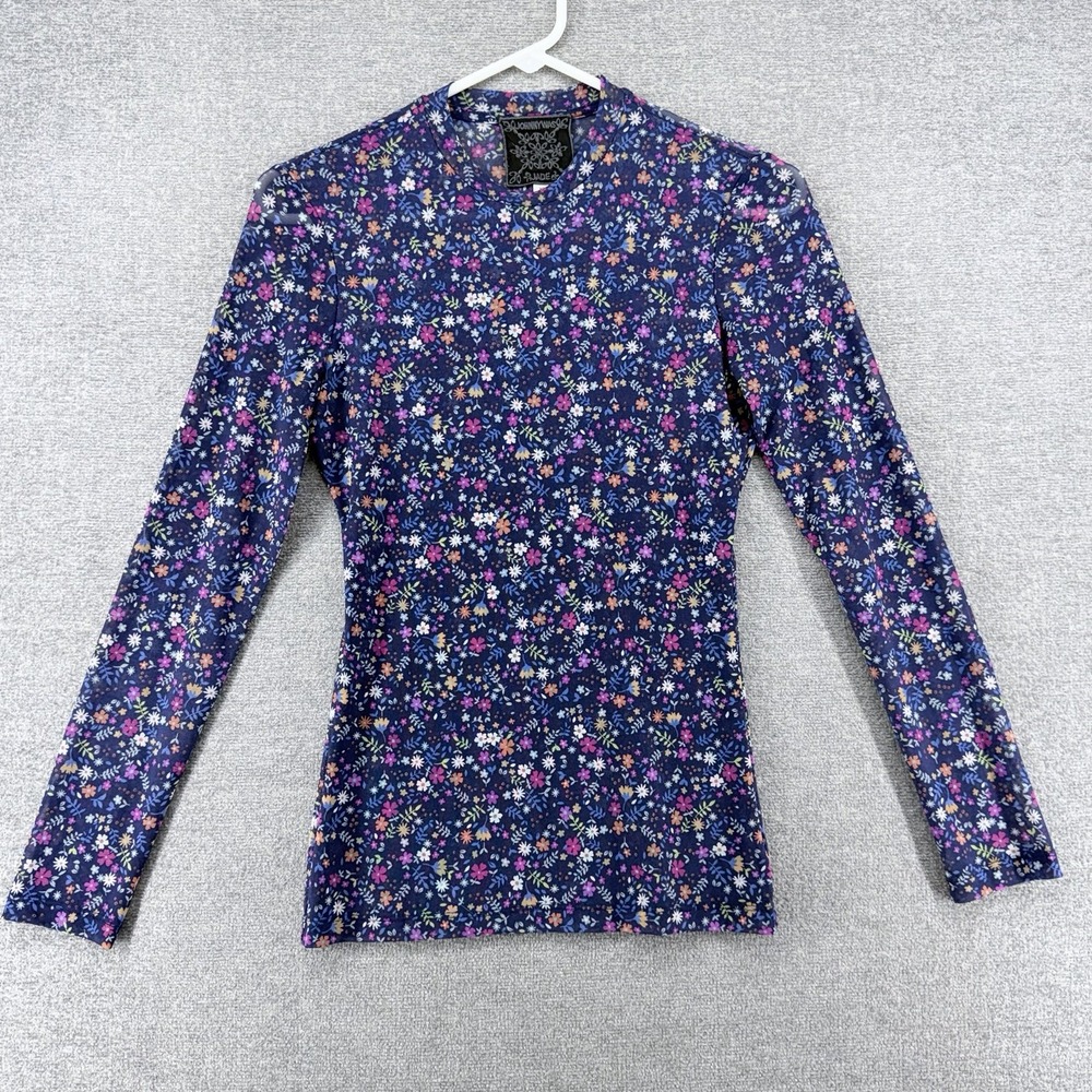 Johnny Was Catalina Mesh Tee Top Woman Size XS Blue Floral Long Sleeve